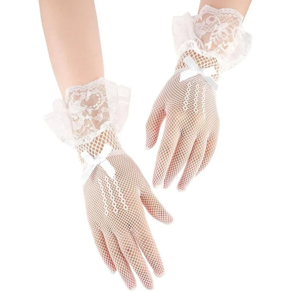 Women's Elegant Cream Short Bow Style Lace Gloves Dinner Wedding Party Prom